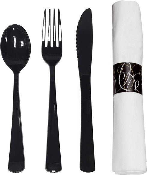 Party Essentials Party Supplies Wrapped Silverware Set Disposable, Pre Rolled Napkin and Cutlery, Spoons/Forks/Knives Black, 25 Units