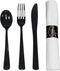 Party Essentials Party Supplies Wrapped Silverware Set Disposable, Pre Rolled Napkin and Cutlery, Spoons/Forks/Knives Black, 25 Units