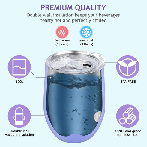 Wine Tumbler Gifts for Women, Purple Birthday Gifts for Women Friends, Stainless Steel Insulated Stemless Wine Tumbler Glass with Lid Socks