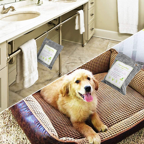 10PCS Bamboo Charcoal Air Purifying Bags with 5 Hanging Hooks, Activated Charcoal Odor Remover, 5 x 200g, 5 x 75g Moisture Absorber Closet Purifier for Shoes, Pets, Bathroom, Basement