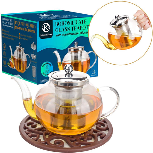 Glass Teapot With Removable Stainless Steel Infuser Premium Durable Borosilicate Glass Tea Kettle for Stovetop - Glass Flowering Tea Kettle With Infusers for loose Tea 1000 ml & Silicone Mat.
