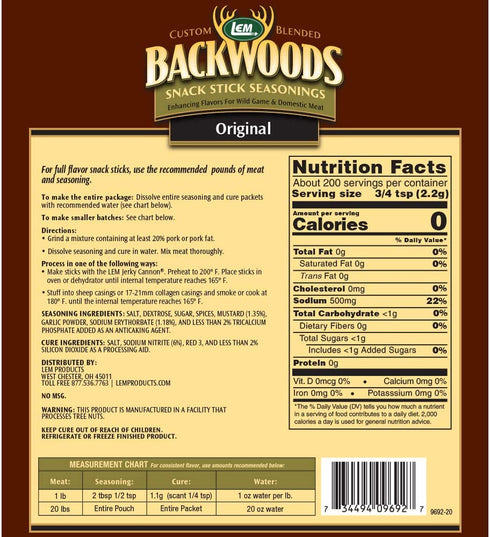 LEM Backwoods Snack Stick Seasoning with Cure Packet