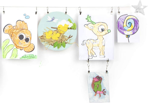 Wallniture Arte Picture Hangers Kit for Kids' Arts and Crafts, Adjustable Wire Curtain Rod with 24 Clips, White