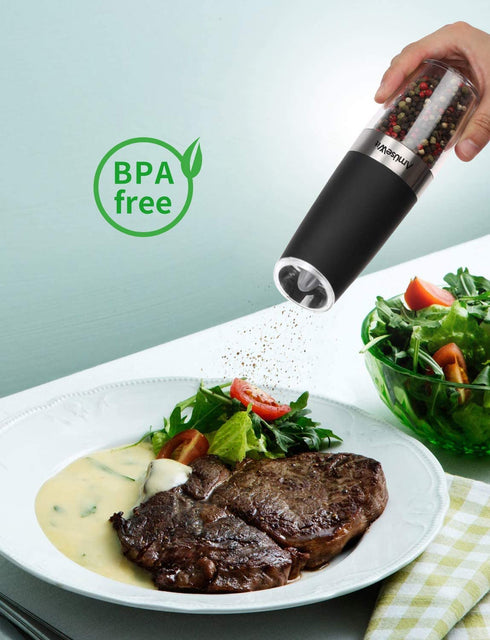 Gravity Electric Pepper Grinder or Salt Grinder MillWhite Light€‘- Battery Operated Automatic Pepper Mill with Light, Adjustable Coarseness, One Handed Operation, Cleaning Brush, Black by AmuseWit