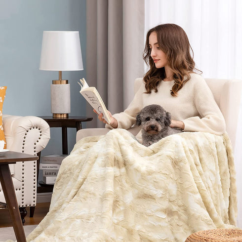 HBlife Luxury Soft Faux Fur Blanket Twin Size 60X80 Inches, Elegant Fuzzy Plush Fluffy Cozy Blankets for Sofa and Bed, Marbled Ivory