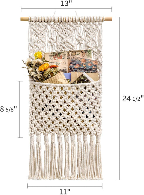Mkono Macrame Wall Holder Small Mail Letters Storage Organizer Holder Wall Mount Cotton Wovening Hanging Pocket Boho Home Decor Ivory, 13" W — 24.5" L