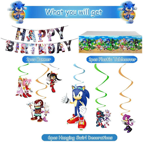 WOOACME Sonic The Hedgehog Party Supplies, 101pcs Birthday Party Decorations Include Happy Birthday Banner, Hanging Swirls Decorations, Foil Balloons and Latex Balloons, Stickers, Cake Topper and Table Cover for Kids