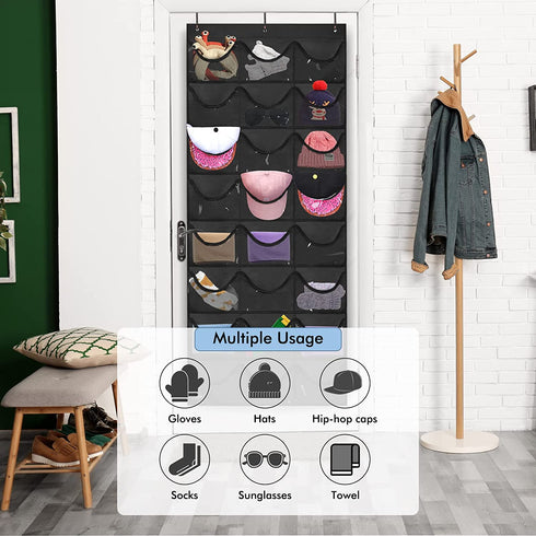 Melpler Hat Rack Hat Organizer,Hat Racks for Baseball Caps,Hat Organizer for Baseball Caps,Hat Storage with 24 Clear Deep Pockets,Hat Rack for Wall/Door Complete with Over Door Hooks(Black)