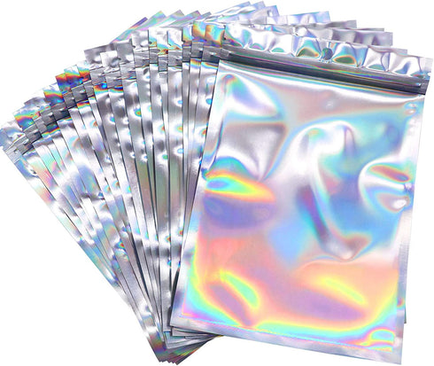 100 Counts Resealable Smell Water Proof Bags Foil Pouch Bag Flat Ziplock Bag with Clear Window for Party Favor Food Storage Gifts Bags Goodie Bag Holographic Color, 5.5 x 7.8 Inches