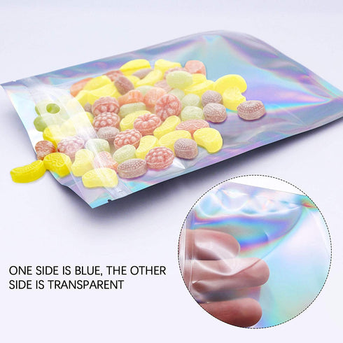 100 Counts Resealable Smell Water Proof Bags Foil Pouch Bag Flat Ziplock Bag with Clear Window for Party Favor Food Storage Gifts Bags Goodie Bag Holographic Color, 5.5 x 7.8 Inches