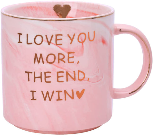 Valentines Day Gifts for Her Him Women Men-12 oz Marble Pink Coffee Funny Gifts Mug,Mothers Day Christmas Anniversary Birthday Gifts for Her Girlfriend Him Wife Print I Love You More The End I Win