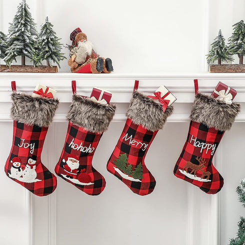 ZLLQIMENG 4 Pack Christmas Stockings Buffalo Plaid 18 inches Large Xmas Stocking Embroidery with Faux Fur Cuff for Family Kid Holiday Party Christmas Decoration