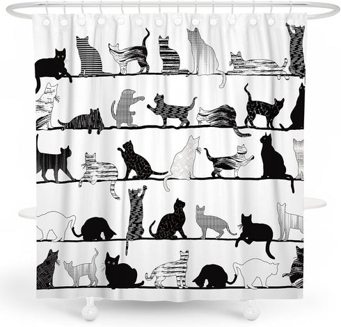DESIHOM Funny Cat Shower Curtain Animal Black and White Shower Curtain Cartoon Fun Novelty Shower Curtain Polyester 72x72 Inch