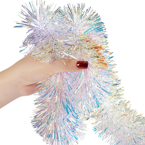 AURORAVA 20 Feet by 3 Inches Tinsel Garland for Christmas, Birthday, Weddings, Party Decorations, High-Shine, Sparkly, Fluffy Twist for All-Season Indoor Outdoor Events, Crystal Iridescent