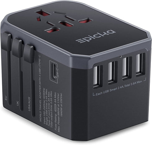 EPICKA Universal Travel Adapter One International Wall Charger AC Plug Adaptor with 5.6A Smart Power and 3.0A USB Type-C for USA EU UK AUS (Grey)