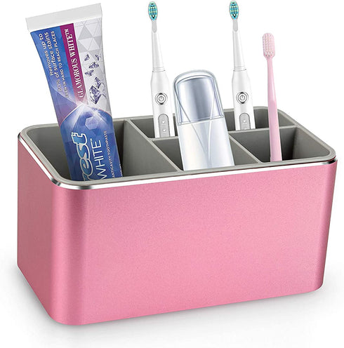 Toothbrush Holder with Draining Tray, Multi-Functional 5 Slots Aluminum Alloy Toothbrush Holder for Bathroom, Vanity Countertops and Office Desk (Rose Gold)