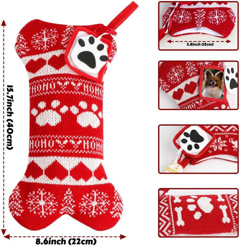 OurWarm 2Pcs Dog Christmas Stockings, Red Knit Dog Stockings with Picture Frame, Large Bone Shape Pet Stockings for Dogs Christmas Holiday Decoration