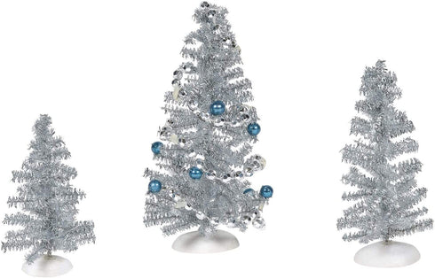 Department 56 Village Collection Accessories Blue Christmas Tinsel Trees Figurine Set, Various Sizes, Multicolor