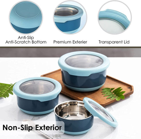 Lille Home Premium Stainless Steel Food Containers/Bento Lunch Box With Anti-Slip Exterior, Set of 3, 420ML, 730ML,1.2L, Leakproof, BPA Free, Portion Control (Blue)