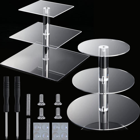 2 Pieces Cupcake Stand Including 1 Pieces Round Acrylic Cake Stand and 1 Pieces Square Cupcake Tower Stand Cupcake Holder Stand for Pastry Wedding Birthday Party (Transparent, 3-Tier)