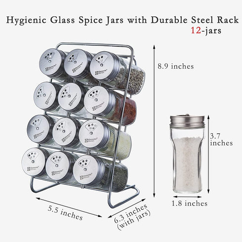 12-Jar Spice Rack, Adjustable Pour Holes Stainless Steel Lid, Seasoning Bottle Organizer for Kitchen Cabinet, Countertop, Plastic-free, Dishwasher Safe