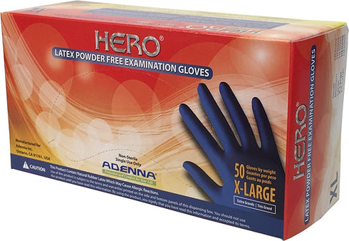 Adenna HER008 Hero 14 mil Latex Powder Free Exam Gloves (Blue, X-Large) Box of 50
