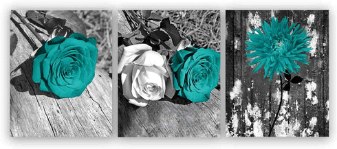Gray Black Wooden Background Art Print Inspirational Quote Modern Art Painting Set of 3 (8”X10” Canvas Picture),Turquoise Teal White Rose Antique Plant Wall Art Poster for Bedroom or Office, No Frame