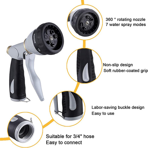 V.C.Formark Garden Hose Nozzle, Heavy Duty Metal Hose Spray nozzle, 7 Adjustable Multi-Function Water Hose Nozzle for Hand Watering Plants & Lawn, Car Washing, Patio and Pets