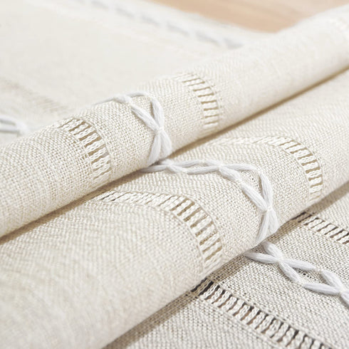 Rustic Farmhouse Style Linen Table Runner, Boho Embroidery Hemstitched Table Runners 108 inches Long with Tassels for Holiday Party and Dining Room Dresser Decor, 13 x 108 inch - Ivory