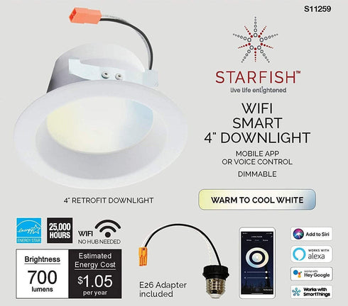 Satco S11259 Starfish 4 Inch Retrofit WiFi Smart LED Recessed Downlight, Works with Siri, Alexa, Google Assistant, SmartThings, Tunable White, 700 Lumens