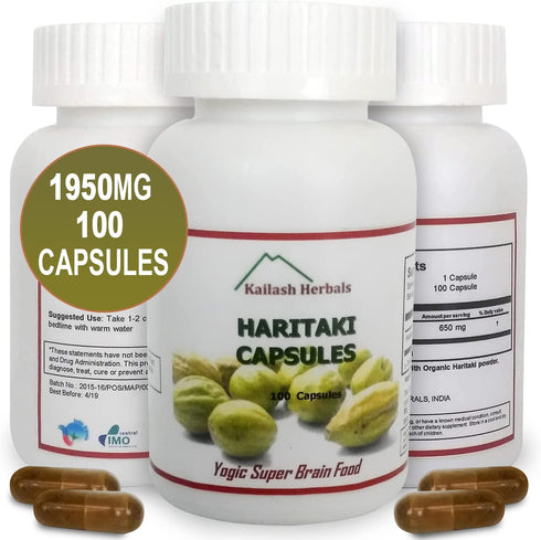 Kailash Herbals Organic Haritaki Capsules -100 Capsules-1950mg Detoxification & Rejuvenation - Improve Digestion, Internal Cleansing | -Terminalia chebula | Vegan, Non-GMO, Gluten-Free
