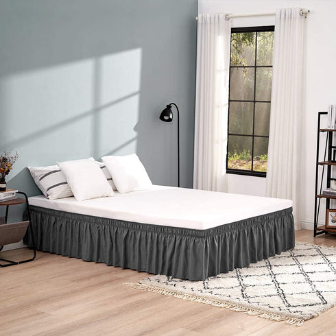 RIMELA Bed Skirt Wrap Around Elastic Dust Ruffles Solid Color Wrinkle and Fade Resistant with Adjustable Elastic Belt Easy to Install Dark Gray for Queen Size 18 Inch Drop