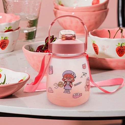 AGUDOU Cute Water Bottles with Straw, Sports water bottle with times to drink, Portable Large-Capacity Straw Cup/Pot Belly Cup Student Children Water cups with Random Stickers