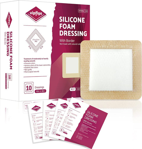 Silicone Foam Dressing with Gentle Adhesive Border 4'' x 4'' 10 Pack, High Absorbency Foam Wound Bandage for Bed Sore, Pressure Ulcer, Diabetic Foot Ulcer, Leg Ulcer