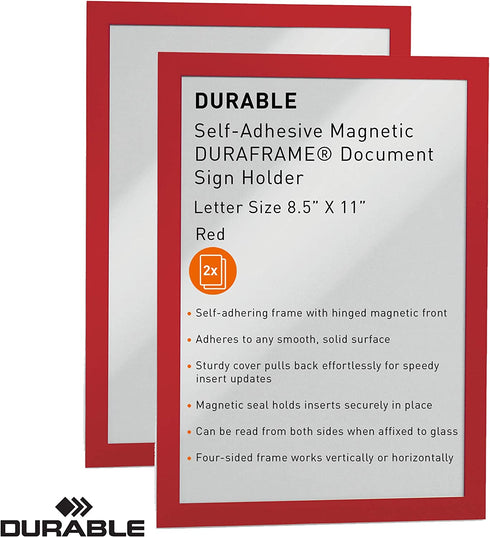 DURABLE Self-Adhesive Magnetic DURAFRAME Document Sign Holder, Letter-Size 8-1/2" x 11", Red, 2 Pack (476803)