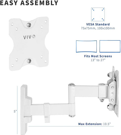 VIVO Full Motion Wall Mount for Single 13 to 27 inch LCD LED TV and Computer Monitor Screen, Tilt and Swivel Bracket with Max 100x100mm VESA, White, MOUNT-VW01MW