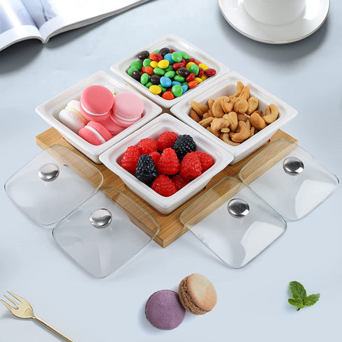 Tebery 4 Pack Ceramic Divided Serving Dishes Relish Tray, Appetizer & Condiment Server Set, 5OZ Removable Serving Platter Bowl with Glass Lids & Bamboo Tray for Fruits, Nuts, Candies, Veggies