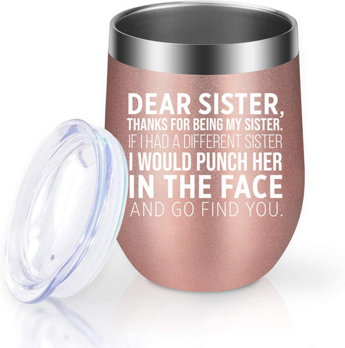 Sisters Gifts from Sister, Brother - Mothers Day Gifts for Sister - Sister Gifts for Women - Funny Birthday Wine Gifts for Little, Big Sister, Soul Sister, Sister in Law - GSPY Sister Wine Tumbler Cup