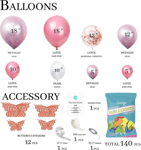 Soonlyn Baby Shower Decorations for Girl 140 Pcs Pink Balloon Garland with Butterfly Stickers 18 In 12 In 10 In 5 In Lilac Purple Chrome Rose Gold Confetti Balloon Arch Kit for Girl Birthday Party Bridal Shower