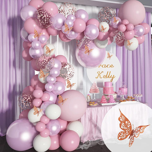 Soonlyn Baby Shower Decorations for Girl 140 Pcs Pink Balloon Garland with Butterfly Stickers 18 In 12 In 10 In 5 In Lilac Purple Chrome Rose Gold Confetti Balloon Arch Kit for Girl Birthday Party Bridal Shower