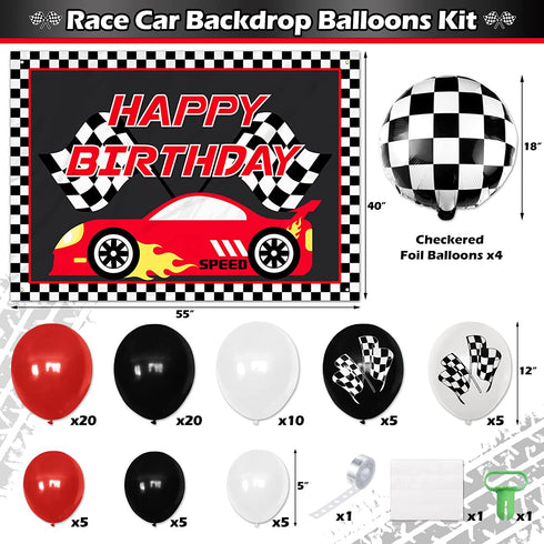 Race Car Birthday Party Decoration Supplies 83PCS Race Car Backdrop Banner and Balloon Garland Kit Happy Birthday Checkered Flags Photo Backdrop for Sports Theme Party Two Fast Birthday Decorations