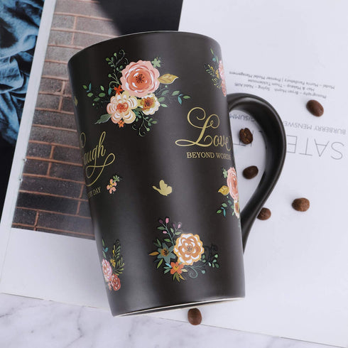 NymphFable 18oz Flowers Ceramic Mug Large Coffee Cup with Handle Personalized Baking Pattern Black Tea Cup