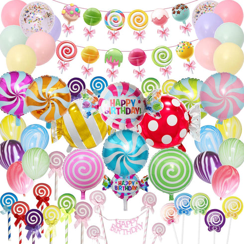 Candyland Party Supplies Set - Candy Party Decorations with Lollipop Banner,Sweet Candy Balloons,Candy Cake Toppers,Latex Balloons for Girls,kids,Candyland Party,Lollipop Party,Birthday