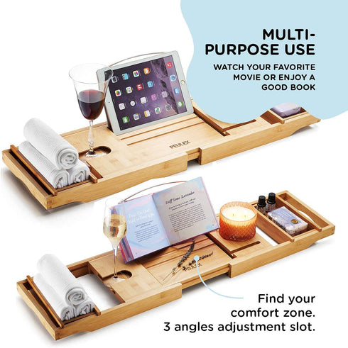 PEULEX Bathtub Tray- Bath Caddy Comes With Book, Soap Dish & Wine Glass Holder, Expandable Hot Tub Tray Designed With Premium Bamboo, For Luxurious Bathing, Great For Bath Lovers & Gift For Loved Ones
