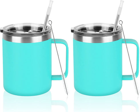 2 Pack Stainless Steel Coffee Mugs with Handle, 12Oz Insulated Coffee Mug, Double Wall Vacuum Insulated Camping Mug with Lid, Thermal Coffee Mug for Coffee, Tea, Hot and Cold Drinks (Aqua Blue)