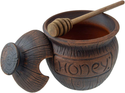 Honey Jar with a Dipper 16oz. Ceramic Honey Pot Made Out of Solid Clay Piece. Honey Container, and a Great Rustic Bowl for Gift (Brown) - Ceramic Beehive Honey Pot with Dipper.