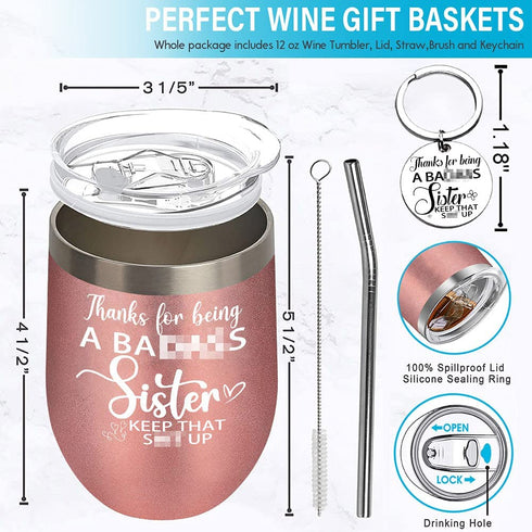 Birthday Gifts for Sister from Sister Brother Thank You Goodbye Farewell Wine Tumbler Christmas Mothers Day Gift for sister in Law Soul Sister Glitter Wine Cup Gift Set Keychain Lid Straw