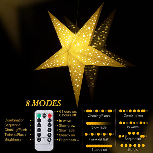 Paper Star Lantern, 8 Mode 50 LEDs Firework Fairy String Lights, Light up Hollow Out Star Hanging Decoration for Indoor Outdoor Room Wedding Christmas Party (Chic Style)