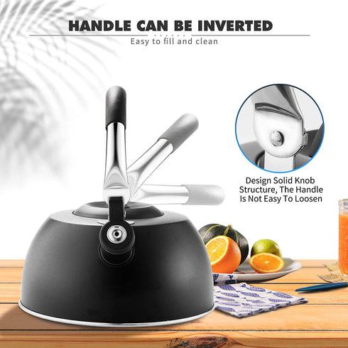 Suyika Tea Kettle Stovetop 3 Quart Stainless Steel Whistling Tea Pots for Stove Top with Cool Touch Ergonomic Handle Teapot - Black