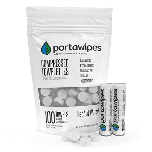 Portawipes Coin Tissues | 100 Pack with 2 Carrying Cases | Toilet Paper Tablets | Compressed Towels | Expandable Wipes | Soft & Odor Free